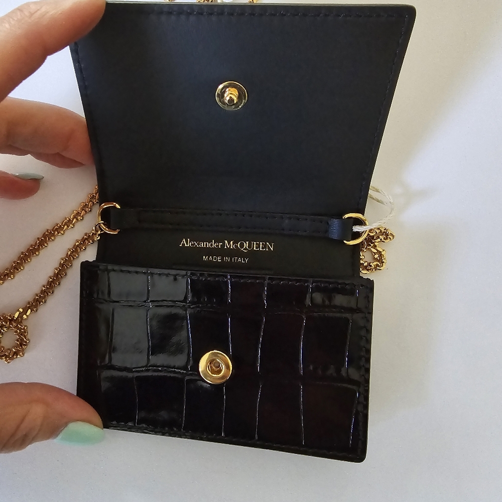 Alexander McQueen Croc-Embossed Leather Card Holder On Chain Black - Picture 5 of 7